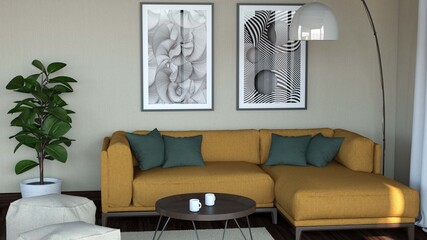 living room with corner sofa 3D Rendering 3D Illustration