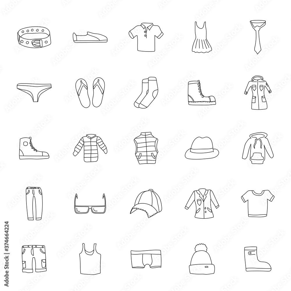 Poster clothes hand drawn linear doodles isolated on white background. clothes icon set for web and ui desi