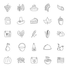 Thanksgiving hand drawn linear doodles isolated on white background. Thanksgiving icon set for web and ui design, mobile apps and print products