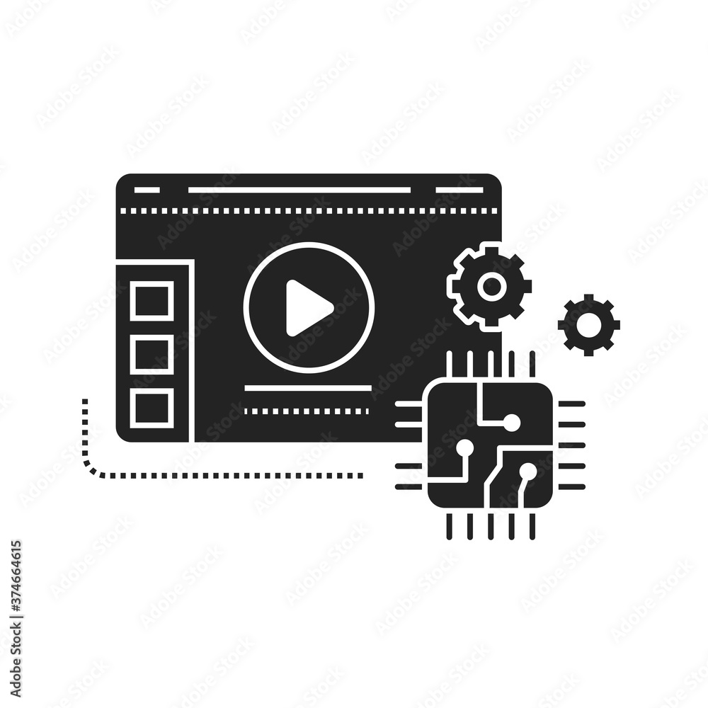 Poster technology blog web site black glyph icon. overview technology and models gadgets and devices video 