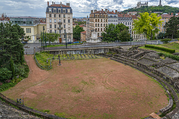 Roman Amphitheater of the Trois Gaules on the Croix-Rousse Hill built circa 20AD. This Amphitheater used for gladiators battles and hunting. Lyon, Rhone, France.