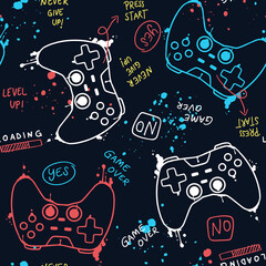 Vector Seamless pattern with joysticks gamepad  illustration and slogan text, for t-shirt prints and other uses. © cddesign.co