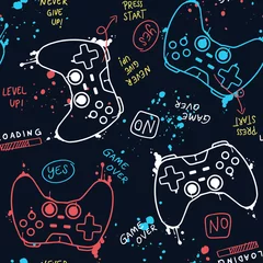 Fototapeten Vector Seamless pattern with joysticks gamepad  illustration and slogan text, for t-shirt prints and other uses. © cddesign.co