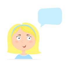 Cute girl with speech bubble isolated on white background. Vector illustration in cartoon style