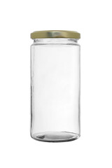 Empty glass jar of elongated shape, closed with a metal lid on a white background