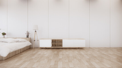 Bedroom decoration is open with design disc flap on the wood grain floor and decoration plants.3D rendering.
