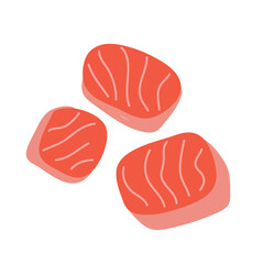 Salmon fillet cut in cube pieces, hand drawn art, uncooked sashimi redfish, illustration isolated, fresh raw fish, vector art on white background
