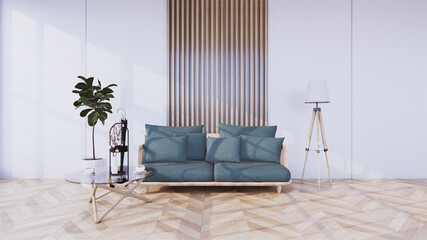 The front corner with the gray sofa in the middle of the room wall design on floor wooden tile.3d rendering