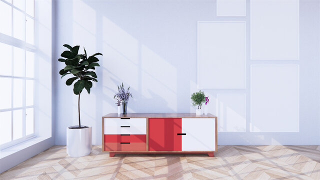 red cabinet on zen modern empty room,minimal design japanese style. 3d rendering