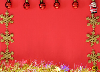 Flat lay holiday concept New Year, Christmas top view of Christmas balls, golden snowflakes, tinsel, lights . space for text, copy space