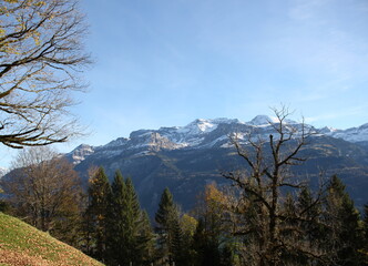Beautiful Autumn landscape at Brienz with lake and snow mountain views, Switzerland, Europe