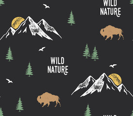 Vector Seamless pattern with outdoor theme illustrations and slogan text, for t-shirt prints and other uses. © cddesign.co