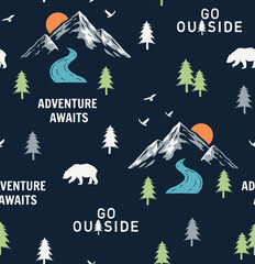 Vector Seamless pattern with outdoor theme illustrations and slogan text, for t-shirt prints and other uses.