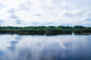 Fototapeta premium Morning sunrise with blue sky on a forest lake