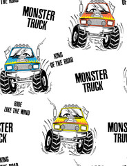 Vector Seamless pattern with monster cars  illustration and slogan text, for t-shirt prints and other uses. © cddesign.co