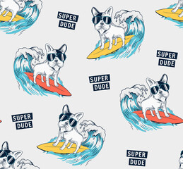 Cool dog surfing vector illustration with text. Seamless pattern for t-shirt prints and other uses. - obrazy, fototapety, plakaty