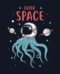 Astronaut octopus in space vector illustrations with cool slogans for t-shirt print and other uses. © cddesign.co