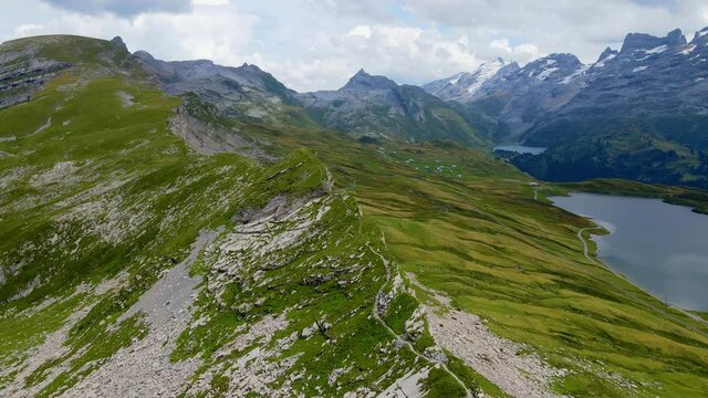 Popular vacation spot in the Swiss Alps - the Melchsee Frutt district in Switzerland - aerial view - travel photography