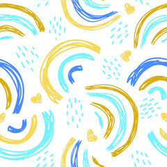 Seamless pattern with rainbows and hearts. Freehand  doodle style, modern decoration. Trendy texture for fabric, wrapping, textile, wallpaper, clothing, surface texture, prints. Vector illustration