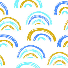 Seamless pattern with rainbows and hearts. Freehand  doodle style, modern decoration. Trendy texture for fabric, wrapping, textile, wallpaper, clothing, surface texture, prints. Vector illustration