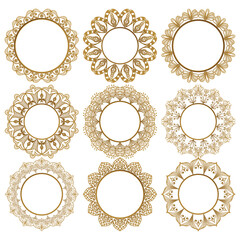Collection of luxurious round golden frames on a white background. Framing for photos, paintings and mirrors. Decorative decoration for books, cards, invitations. Vector.