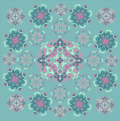 Sea foam and pink floral patterns on the blue background