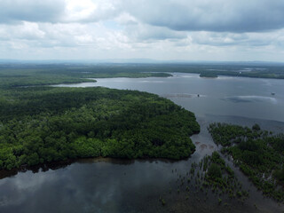 Aerial view of the estuary of teluk lombok beach, East Kalimantan, Indonesia at low tide. 