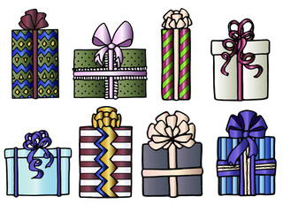 Holiday gifts on a white background. Multi-colored boxes. The concept of Christmas and New year. Design of packaging, Wallpaper, backgrounds, and fabrics. Vector.