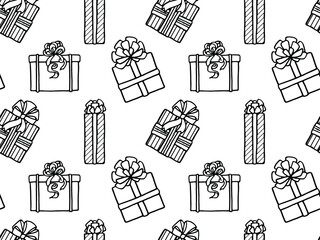 Seamless vector pattern with holiday gifts. Contour drawing. Coloring pages for children and adults. The concept of Christmas and the new year. Design for packaging, Wallpaper, backgrounds, and fabric