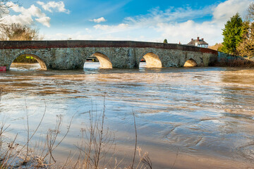Twyford Bridge and River Medway in flood, Yalding, Kent, UK