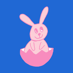 Cute Easter bunnies. Hand drawn vector illustration in doodle style. Festive characters with egg shell. Line art drawing