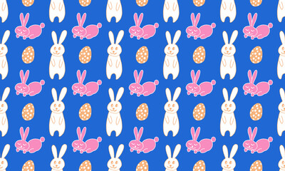 Cute Easter bunnies illustration. Hand drawn vector seamless pattern in doodle style. Festive characters with egg shell. Line art drawing