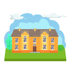 Flat town house illustration. Front view of cottage with trees and clouds. Modern cottage building vector illustration.