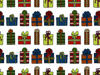 Seamless vector pattern with holiday gifts. Multi-colored boxes. The concept of Christmas and New year. Design of packaging, Wallpaper, backgrounds and fabrics