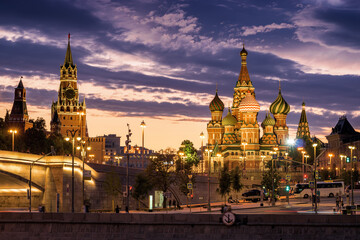 Sunset view of Moscow Kremlin above the Moscow river, Russia.