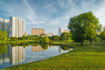 Beautiful morning view of Yuzhnoe Butovo park in South Butovo district, Moscow, Russia.