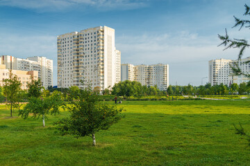 Fototapeta premium Beautiful morning view of Yuzhnoe Butovo park in South Butovo district, Moscow, Russia.