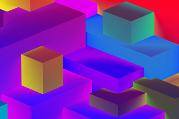 Abstract geometric cubic colorful  in neon lights background. isometric 3d render.