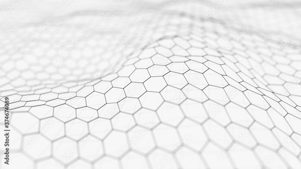 Poster futuristic white hexagon background. futuristic honeycomb concept. wave of particles. 3d rendering.