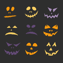 Halloween vector illustration. Collection of hand drawn scary faces isolated on black background. Spooky character for banner, poster, invitation or festive decoration