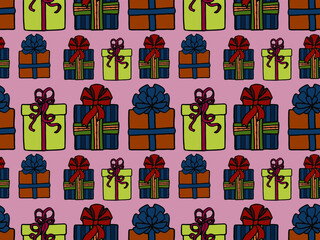 Seamless vector pattern with holiday gifts. Multi-colored boxes. The concept of Christmas and New year. Design of packaging, Wallpaper, backgrounds and fabrics