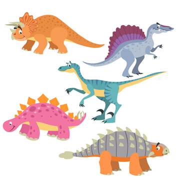 Funny cute dinosaurs set. Triceratops, Velociraptor, Ankylosaurus, Spinosaurus and Triceratops. Cartoon flat style. Vector illustrations.