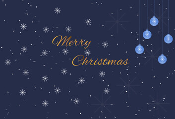 Fototapeta na wymiar Merry Christmas card on blue background with balls and gold decoration. Festive New Year decoration elements. Place for a unique greeting text. Vector image
