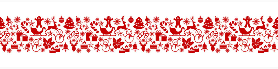 Christmas stencil seamless border isolated on white. Deer, christmas ball, sledge, bell, candle, sweet, gift etc. Vector stock illlustration. EPS 10