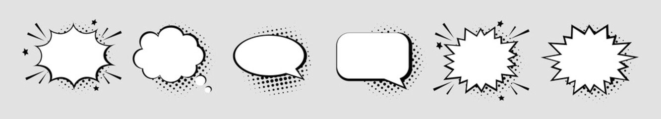 Blank retro comic speech bubbles. Set clouds with black halftone shadows on gray background. Vector illustration.