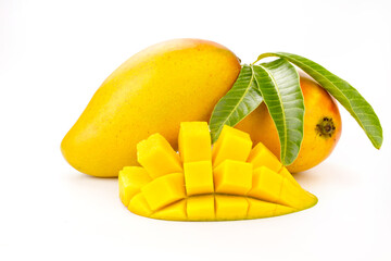 Mango fruits with Sliced piece and green leaf isolated white background.