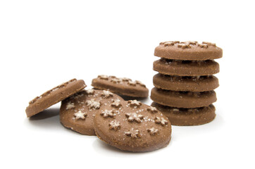 Chocolate chip cookies on a white background. Stack of cookies.