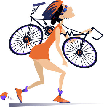 Tired woman cyclist with a broken bike illustration. Tired cartoon cyclist woman in helmet carries a broken bike on the shoulder isolated on white
