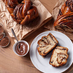 Chocolate Babka or Brioche Bread. Stuffed with hazelnut cream. Top view