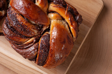Chocolate Babka or Brioche Bread. Stuffed with hazelnut cream. Top view